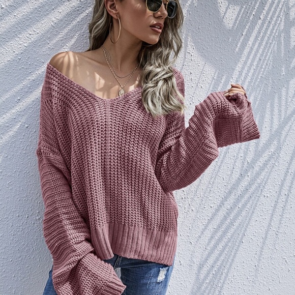 MAUVE   vneck chunky knit loose fit sweater - Picture 2 of 13